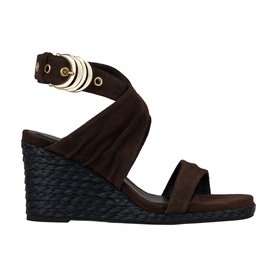 Bash brown suede wedge sandal with crossover ankle strap, gold-tone eyelets, and woven espadrille wedge sole