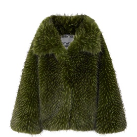 Essentiel Antwerp faux fur coat in Forest Whisper green, featuring a wide lapel collar and cropped silhouette