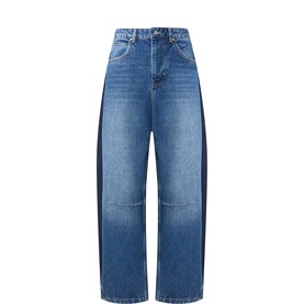 Essentiel Antwerp blue wide-leg jeans with contrast dark side panels, high waist, and faded wash finish