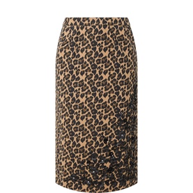 Essentiel Antwerp skirt in multi leopard print, knee-length pencil silhouette, 100% polyester