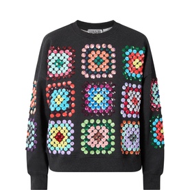 Essentiel Antwerp charcoal cotton sweat top with multicolour sequin crochet-square patchwork pattern on front and sleeves