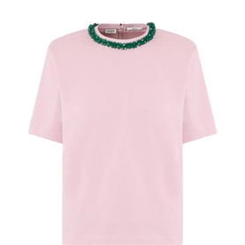Essentiel Antwerp Blush Hour cotton T-shirt with green crystal-embellished crew neckline, short sleeves, relaxed fit