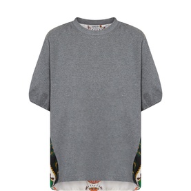 Essentiel Antwerp black oversized T-shirt with contrast printed sheer panel hem detail, short sleeves, crew neck