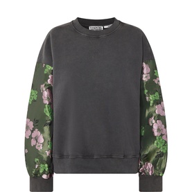 Essentiel Antwerp charcoal cotton sweat top with floral-printed green and pink contrast sleeves, crew neck, relaxed fit