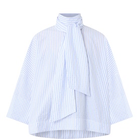 Essentiel Antwerp white cotton striped top with wide sleeves and draped scarf-style high neck tie detail
