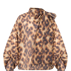 Essentiel Antwerp leopard print top in multi with bow neckline, long sleeves, and relaxed silhouette in lyocell blend fabric