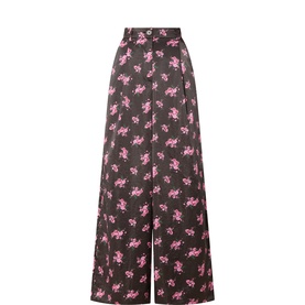 Essentiel Antwerp wide-leg trousers in dark grey with pink floral print, high waist, relaxed silhouette, 100% polyamide