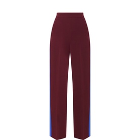 Essentiel Antwerp wine wide-leg trousers with blue and red side stripe, high-waisted silhouette, acetate blend fabric
