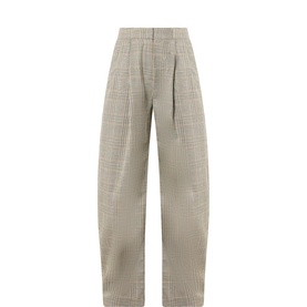 Essentiel Antwerp brown wide-leg trousers with pleat front, check texture, and relaxed silhouette