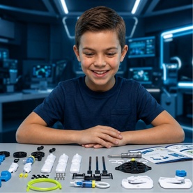 Boy smiling at FAO Discovery Kit components spread on table, including black, white and blue pieces, in a tech-themed setting