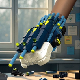 FAO Discovery robotic hand kit in blue, yellow and white, shown worn on a hand in a classroom-style setting