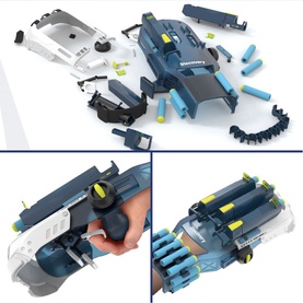 FAO Discovery multi-coloured foam dart blaster kit with blue and white body, foam darts, and belt, shown assembled and in parts