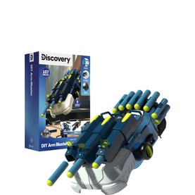 FAO Discovery DIY Arm Blaster Kit in multi-colour blue and yellow, 107-piece buildable wearable launcher with product box shown