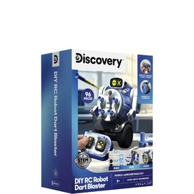 Discovery DIY RC Robot Dart Blaster, 96-piece STEM build kit in blue and white packaging with robot image