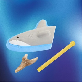 FAO Discovery shark toy set in multi, including shark figure, fossil tooth, and yellow tool accessory on blue background