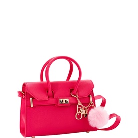 FAO Schwarz pink mini handbag with gold-tone hardware, twist-lock clasp, top handles, crossbody strap, and fluffy pink pom-pom keychain