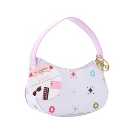 FAO Schwarz multi-coloured mini handbag with floral and star print, pink handle and gold-tone clasp, includes accessories tag