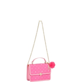 Pink mini structured crossbody bag with gold-tone star print, chain strap, top handle, flap closure, and pink pom-pom charm