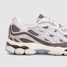 Asics trainer in Cocoa Powder Pure Silver with chunky cream sole, silver logo overlays, and mixed suede and mesh upper detail.