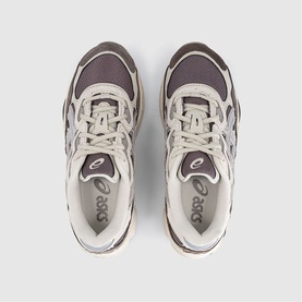 Asics trainers in Cocoa Powder and Pure Silver, overhead view showing mesh upper, lace-up fastening and branding detail on tongue