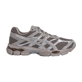 ASICS gel-nimbus trainer in taupe and silver mesh upper with chunky cushioned midsole and rubber outsole