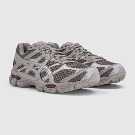 ASICS gel-nimbus trainers in taupe and grey mesh upper with white midsole and chunky ridged outsole