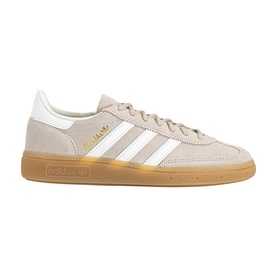 Adidas Handball Spezial trainers in khaki and off-white suede with three white stripes, gold branding, and gum rubber sole