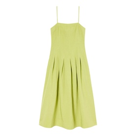 Whistles green sleeveless midi dress with square neckline, thin straps, pleated skirt, and fitted bodice