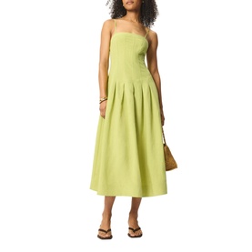 Model wearing Whistles green sleeveless midi dress with square neckline and pleated skirt, styled with tan sandals and brown bag