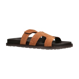 Steve Madden brown suede slide sandals with double cross straps and dark rubber sole, men's