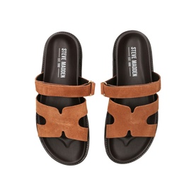 Steve Madden brown suede slide sandals with double strap and Velcro fastening, overhead flat lay view on black footbed