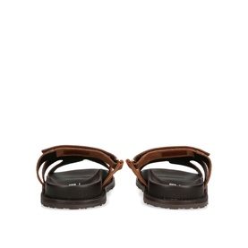 Steve Madden brown leather slide sandals, rear view showing cross-strap design and dark textured footbed, men's