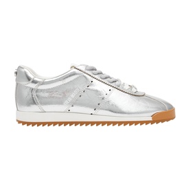 Steve Madden silver metallic lace-up trainer with perforated detailing, white midsole, and tan gum rubber outsole