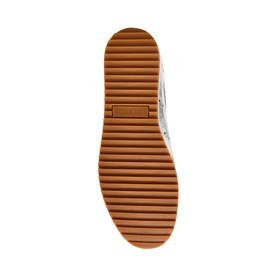Steve Madden women's silver trainer sole view, featuring ribbed tan gum rubber outsole with branding detail