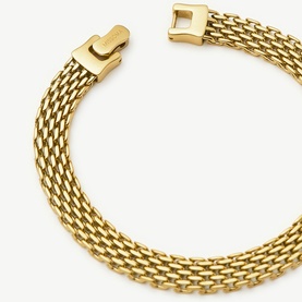 Missoma gold mesh-link bracelet with rectangular box-clasp closure, wide woven chain design in yellow gold tone