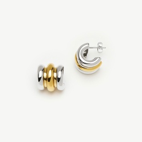Missoma gold and silver hoop earrings with triple stacked ring detail, mixed metal tone finish