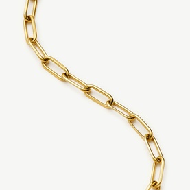 Missoma gold elongated paperclip chain link necklace, polished yellow gold tone metal, close-up detail shot