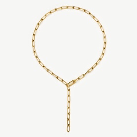 Missoma gold tone paperclip chain lariat necklace with elongated links and drop pendant fastening