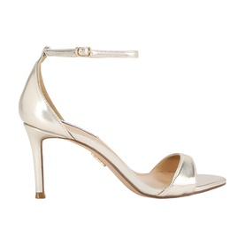 Steve Madden gold metallic barely-there heeled sandal with single toe strap, ankle strap fastening, and stiletto heel