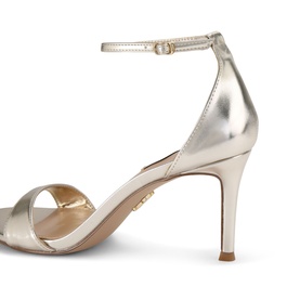 Steve Madden gold metallic leather stiletto heeled sandal with open toe and ankle strap with gold-tone buckle fastening
