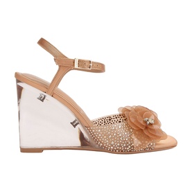 Carvela multi wedge sandal with floral embellishment, crystal-studded mesh upper, ankle strap, and clear structured wedge heel