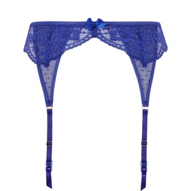 Panache Heidi Suspender Briefs in indigo lace with satin bow, four adjustable suspender straps and gold-tone clip accents
