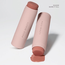 Poco Beauty Universal Cream Stick in Bare It All, pink blush-tone bullet twist-up stick shown capped and open on neutral background