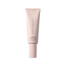 Poco Beauty Universal Solar Glow Skin Enhancer Mini in a nude-toned tube with pump-style cap on white background.