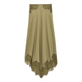 Bash Womens French Dress in green, asymmetric midi skirt with lace trim detail at hem and waist corners