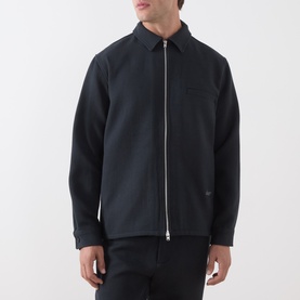 Model wearing Samsoe & Samsoe Dark Grey Mel casual jacket with full-length zip, spread collar, and chest pocket