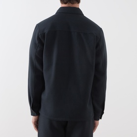 Model wearing Samsoe & Samsoe Dark Grey Mel casual jacket, rear view, cotton-blend with spread collar and long sleeves