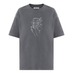 Samsoe & Samsoe Black Lines crew neck T-shirt in washed grey cotton with abstract line art graphic print on chest