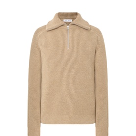 Samsoe & Samsoe Lead Gray wool half-zip knit with ribbed texture, wide collar, and silver zip detail