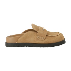 Steve Madden brown suede slip-on mule clog with woven penny loafer strap detail and black chunky rubber sole